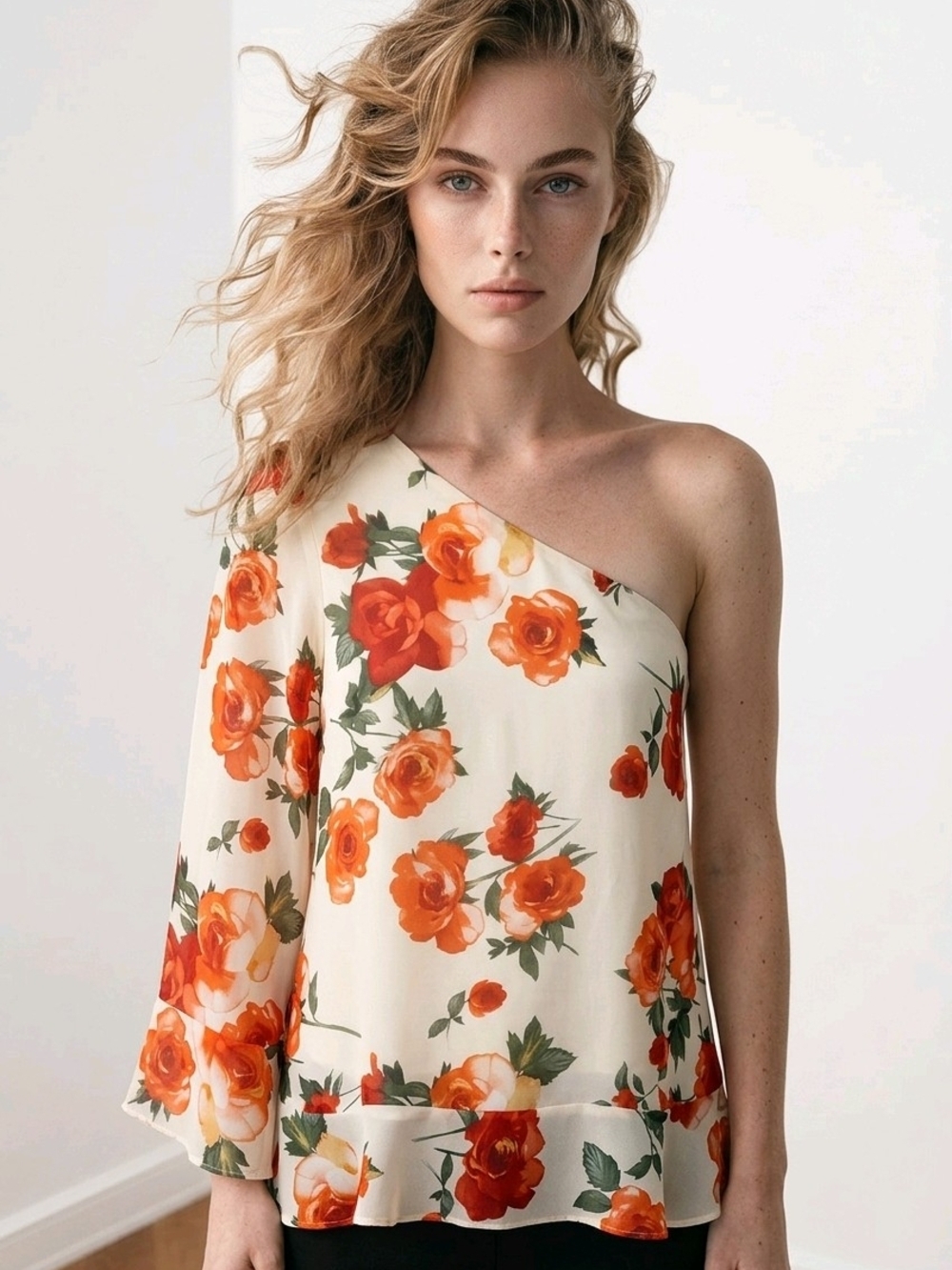 NWT By Together Cream One-Shoulder Blouse with Ruffled Orange Floral Print Sz M